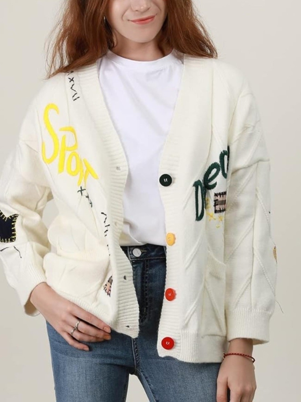 Envme Cream Cardigan with Multicolor Contrast Buttons. Size S, Used Like New.